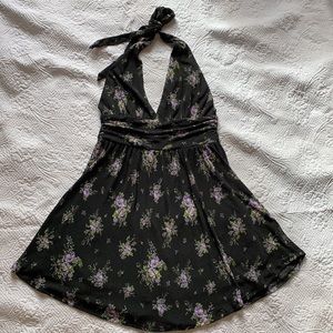 Black and lavender floral print halter dress